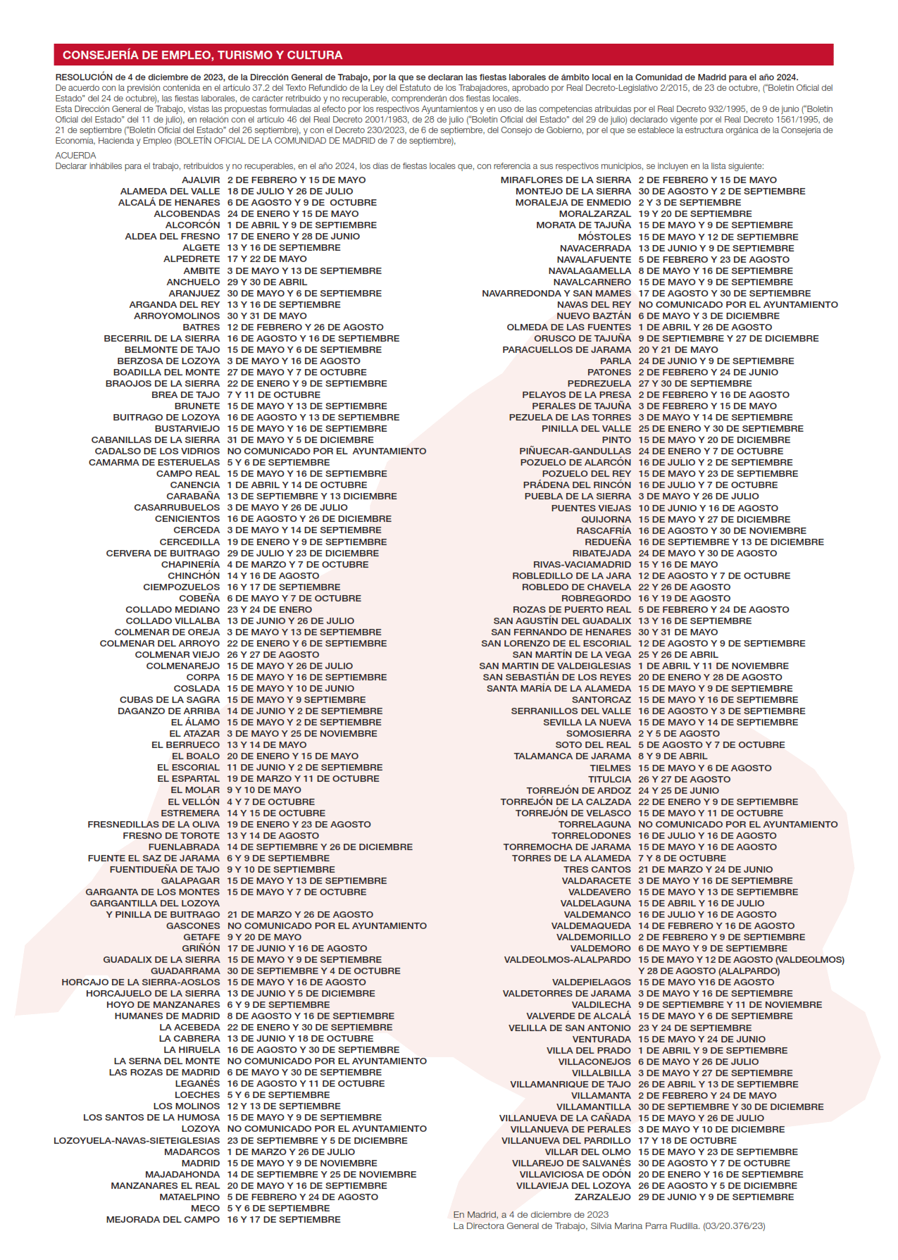 CALENDARIO LABORAL COMPLETO DE LA COMUNIDAD DE MADRID 2024